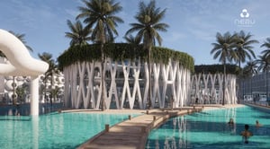 The image depicts a modern swimming pool area with a vibrant blue water feature. There is a white wooden structure that extends from the bottom to the top of the image, creating an architectural focal point.